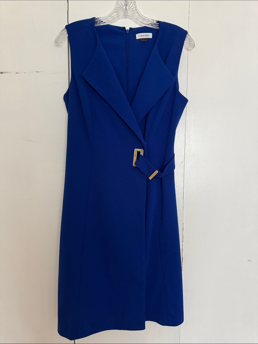Calvin Klein Cobalt Blue Sleeveless Sheath Dress with Gold Buckle